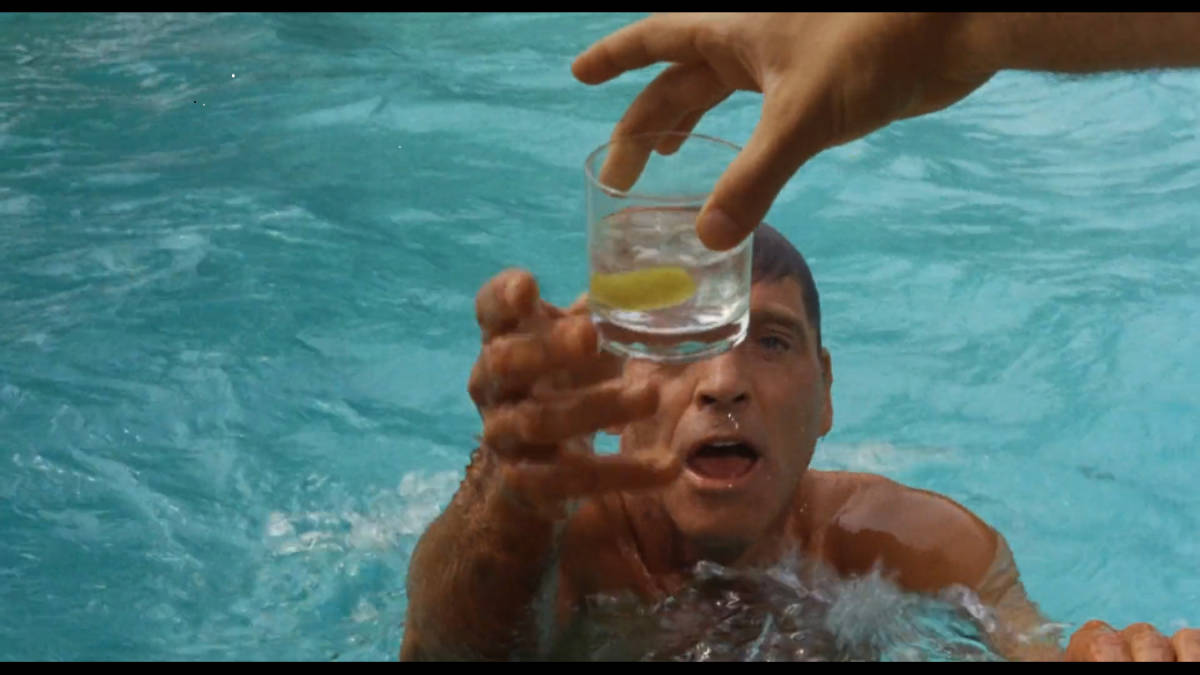Inicio de la película con Ned Merril (Burt Lancaster) exultante recibiendo una copa de la mano de un amigable vecino. THE SWIMMER. Frank Perry. estrellamillansanjuan.es