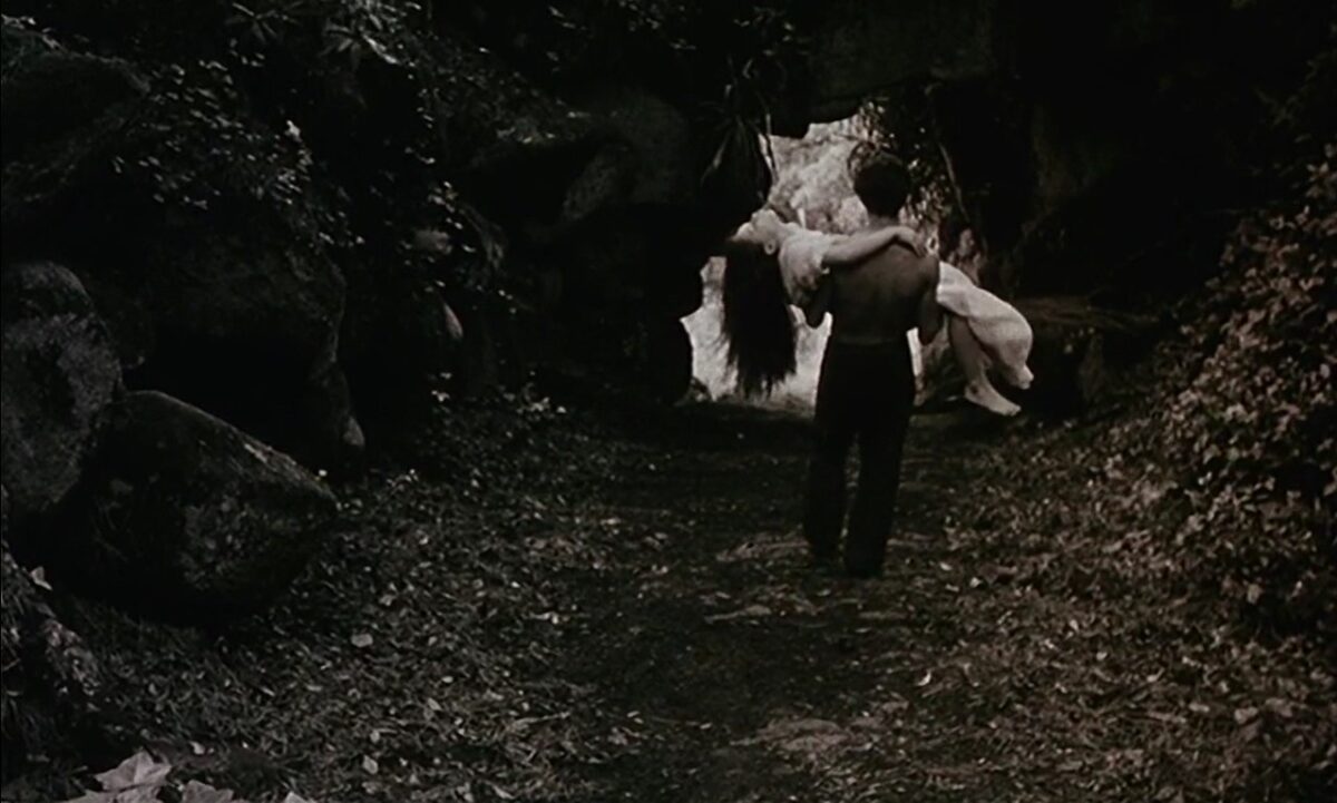 Joao cargando el cuerpo de Vera tras su muerte a una oquedad. Cabezas de enamorados en el bosque tumbados. Frágil Como o Mundo. Rita Azevedo. estrellamillansanjuan.es