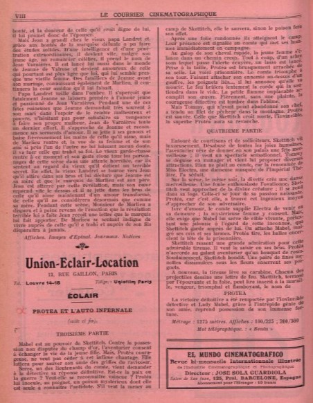 Noticia sobre Protéa, de Jasset, en Le Courier cinématographique. 1914.