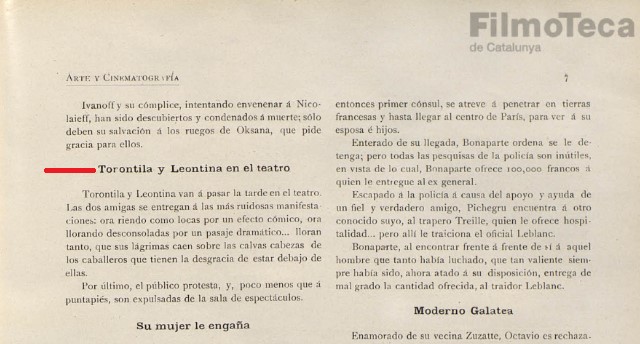 Leontina y Torontila en España. Rosalie et Léontine vont au théâtre. Extracto de la revista Arte y cinematografía. Repositorio de la Filmoteca de Catalunya.