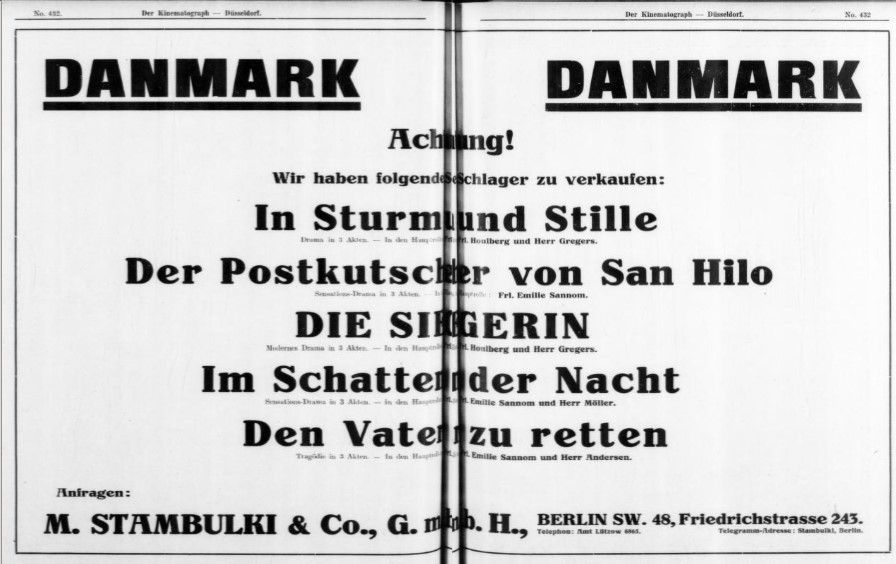 Publicidad prensa alemana. Diligencekusken fra San-Hilo. Emilie Sannom. La temeraria del cine. estrellamillansanjuan.es
