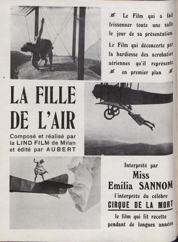 Publicidad en prensa francesa de La faniculla dell’aria/Mistress of the Sky (1923). La fille de l'air. Emilie Sannom. La temeraria del cine. estrellamillansanjuan.es