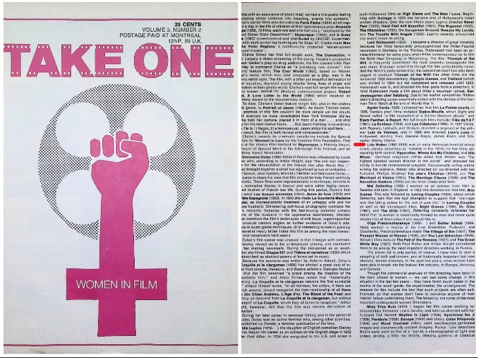 Revista feminista canadiense Take One. LOIS WEBER. estrellamillansanjuan.es