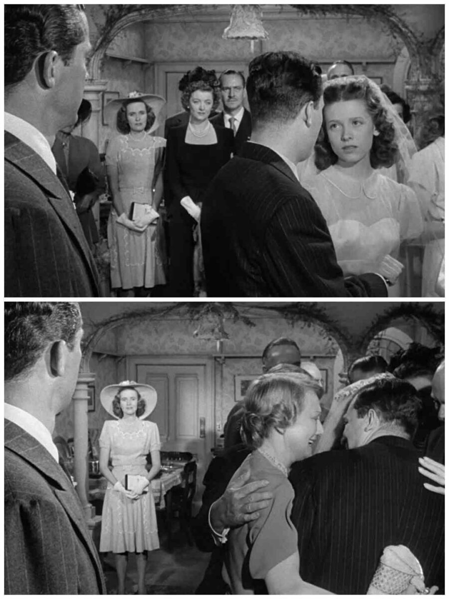 Homer y Wilma terminan casándose con Fred como padrino. Una ves más la profundidad de campo le sirve a Wyler para que buceemos por el plano viendo la escena de la boda y la de Peggy y Fred que se observan en secreto. ¿Cuál es la historia principal ahí? ¿Cuál nos interesa más? En el momento de la celebración de los familiares, Todland ilumina más aún a Teresa Wright que se ve muy definida, reflejando su emoción. Aunque esté en segundo plano, en realidad brilla aunque la escena "principal" esté más cerca de la cámara. En un solo plano secuencia Wyler sintetiza dos escenas sin cortes. Los mejores años de nuestra vida. The Best Years of Our Lives (1946). William Wyler. Puesta en escena. estrellamillansanjuan.es