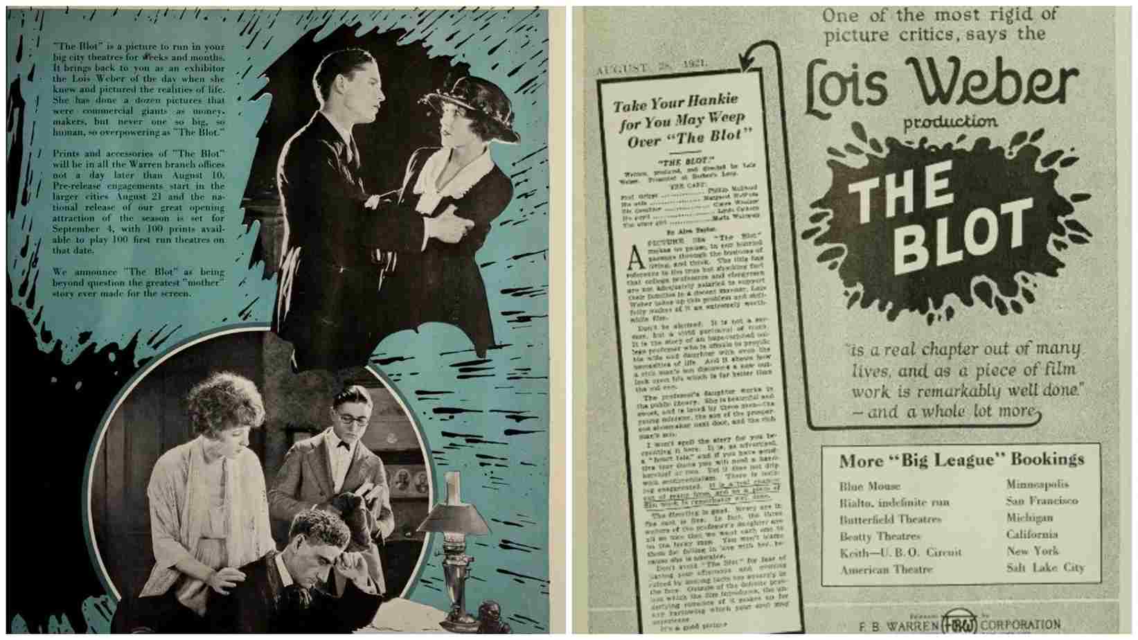 Críticas favorables para The Blot. (1921). The Moving Picture World y Chicago Sunday Tribune. LOIS WEBER. estrellamillansanjuan.es