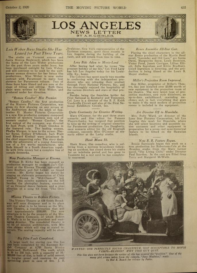 Noticia sobre el estudio de Lois Weber pasados tres años. Contrato con Paramount. The Moving Picture World (1920). LOIS WEBER. estrellamillansanjuan.es