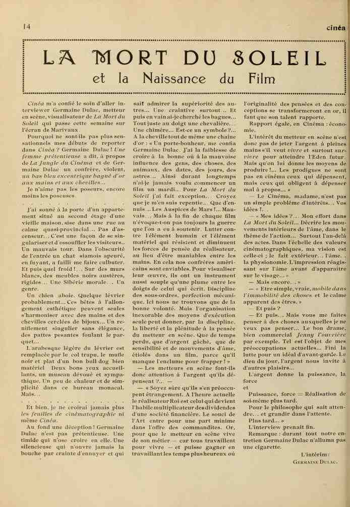 Entrevista a Germaine Dulac por La mort du soleil. Revista Cinéa. estrellamillansanjuan.es