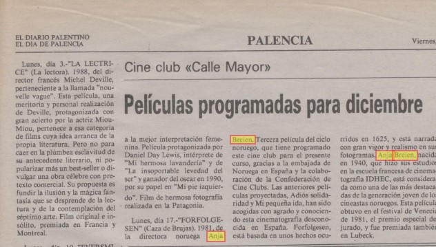 Caza de brujas de Anja Breien se proyectó en el Cineclub Calle Mayor de Palencia. El diario palentino. 1988. ANJA BREIEN. estrellamillansanjuan.es