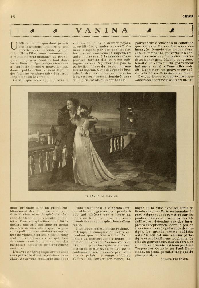 Crítica en CINÉA de Vanina e Edmond Epardaud. VANINA (1922). Arthur von Gerlach. estrellamillansanjuan.es