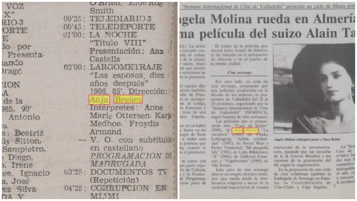 Programación de Las esposas. Diez años después en TVE a las 2 de la mañana en 1989. Caza de brujas, de Anja Breien programada en la Semana internacional de Valladolid. La tribuna. 1991. ANJA BREIEN. estrellamillansanjuan.es
