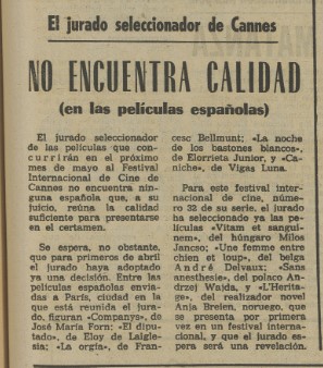 Noticia de la selección de La herencia en Cannes. Confusión de Anja Breien con un realizador. Pueblo. Diario del trabajo nacional.1984. ANJA BREIEN. estrellamillansanjuan.es