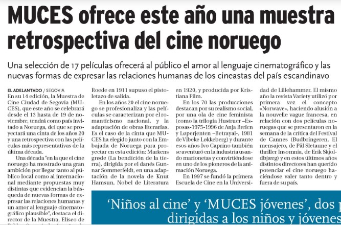 Retrospectiva de 2019 dedicada al cine de ese país en MUCES (Muestra de Cine Ciudad de Segovia) programando la trilogía de Las esposas de Anja Breien. El adelantado de Segovia. 2019. ANJA BREIEN. estrellamillansanjuan.es