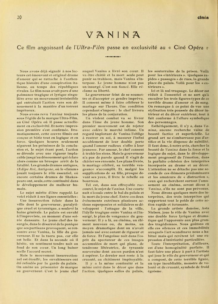 Crítica en CINÉA de Vanina. VANINA (1922). Arthur von Gerlach. estrellamillansanjuan.es