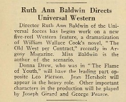 RUTH ANN BALDWIN (1886-?). Cuando Hollywood era de ellas 6 Recorte de prensa donde anuncian un western, The Old West per Contract, de RUTH ANN BALDWIN. estrellamillansanjuan.es
