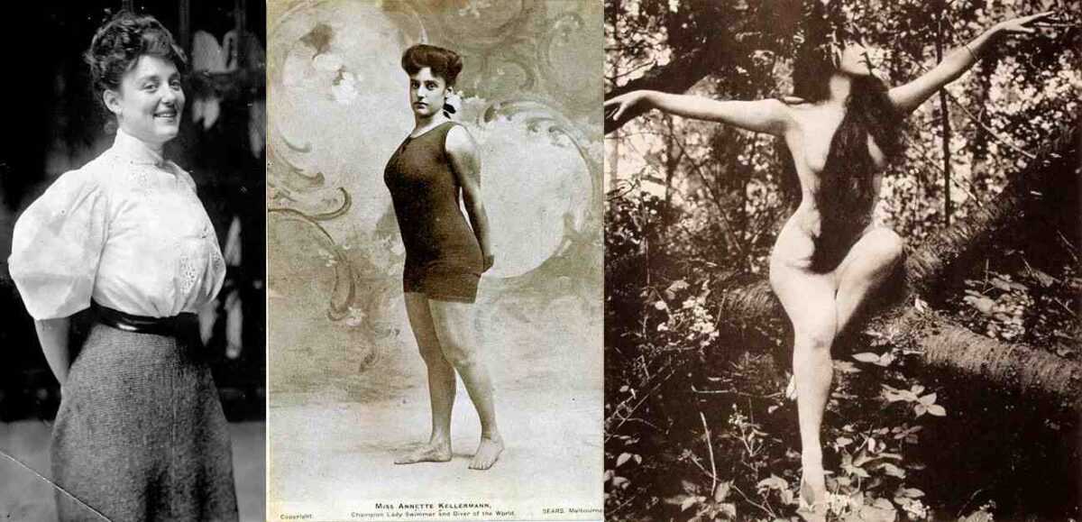 Annette Kellerman. Nadadora y escritora australiana, brilló tanto en el deporte como en el cine, asombrando a la sociedad de su tiempo con un traje de baño pionero de una pieza ceñido en 1907 o saliendo desnuda en A Daughter of the Gods (1916). Deporte femenino en el cine mudo. estrellamillansanjuan.es