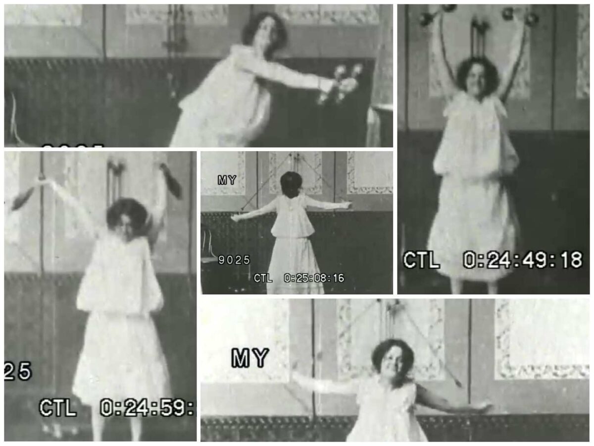 DEPORTE FEMENINO EN EL CINE MUDO. Garçonnes, sufragistas y el cuerpo en movimiento 15 Otro ejemplo de mujer activa en el corto 1900s Woman exercising with Dumbbells. La vemos con mancuernas, una polea y mazas de acero en un gimnasio de su tiempo. Deporte femenino en el cine mudo. Estrella Millán Sanjuán.