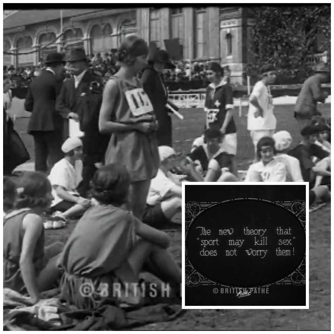 Collage JJOO Montecarlo. 1922. Atletas británicas y rótulo. "La nueva teoría de que el deporte mata la feminidad no les preocupa!" British Pathé
