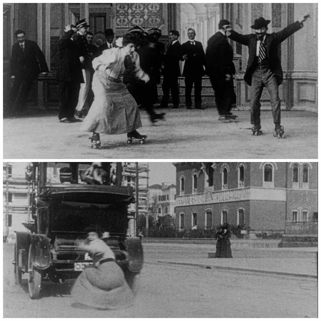 La italiana Lea (Lea Giunchi) comenzó como artista de circo, lo cual se nota en la habilidad y coordinación en sus numerosos cortos de slapstick femenino. Aquí en Lea sui pattini (1911). Deporte femenino en el cine mudo. estrellamillansanjuan.es
