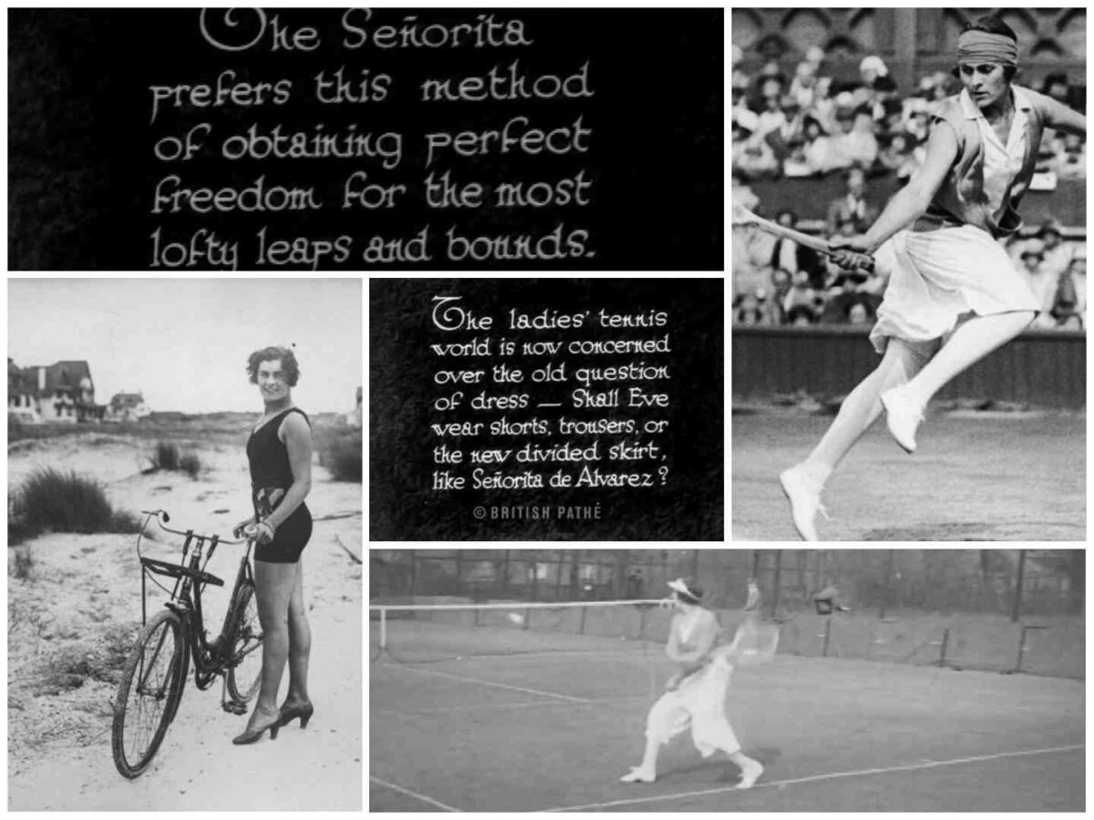 Lilí Álvarez como tenista y ciclista en una foto familiar.En el documental de la British Pathé se preguntan sobre su moderna vestimenta con falda pantalón y si la mujer deportista británica debería utilizarla. Reflejan que "The senorita" prefiere este método para obtener una completa libertad en los saltos y brincos más altos. Deporte femenino en el cine mudo. estrellamillansanjuan.es