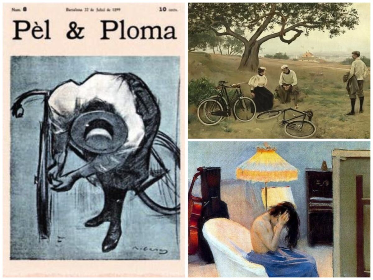 Portada Pel & PLoma con mujer reparando una bicicleta, demostrando su capacidad resolutiva y una transformación social. A la dcha. El descanso de los ciclistas (1896) y Entre dos luces (1894). El pintor modernista catalán retrato a la mujer deportista, en situaciones de intimidad, naturalidad, independencia o hastío.