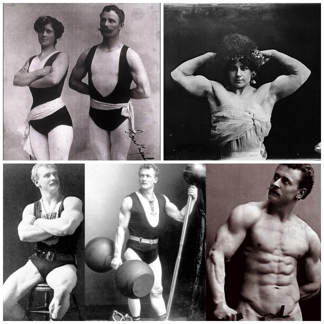 Los forzudos Vulcana y su pareja Atlas (arriba izda.). Laverie Vallée arriba a la derecha. Eugen Sandow, el pionero del culturismo que promovió la fuerza en el espectáculo y en la clase social alta que adquirieron sus métodos y material de entrenamiento. Deporte femenino en el cine mudo. estrellamillansanjuan.es