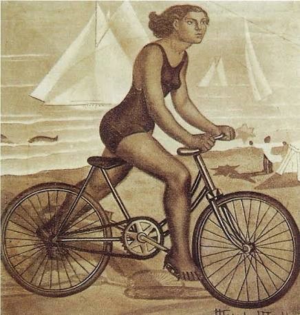 Ciclista (1927). Maruja Mallo. La pintora surrealista española retrató mujeres y hombres de complexión atlética, libres, autónomas y trabajadoras. Vinculada a la Generación del 27 y Las sinsombrero, destacó por su lucha por la igualdad, la formación intelectual igualitaria y la independencia.