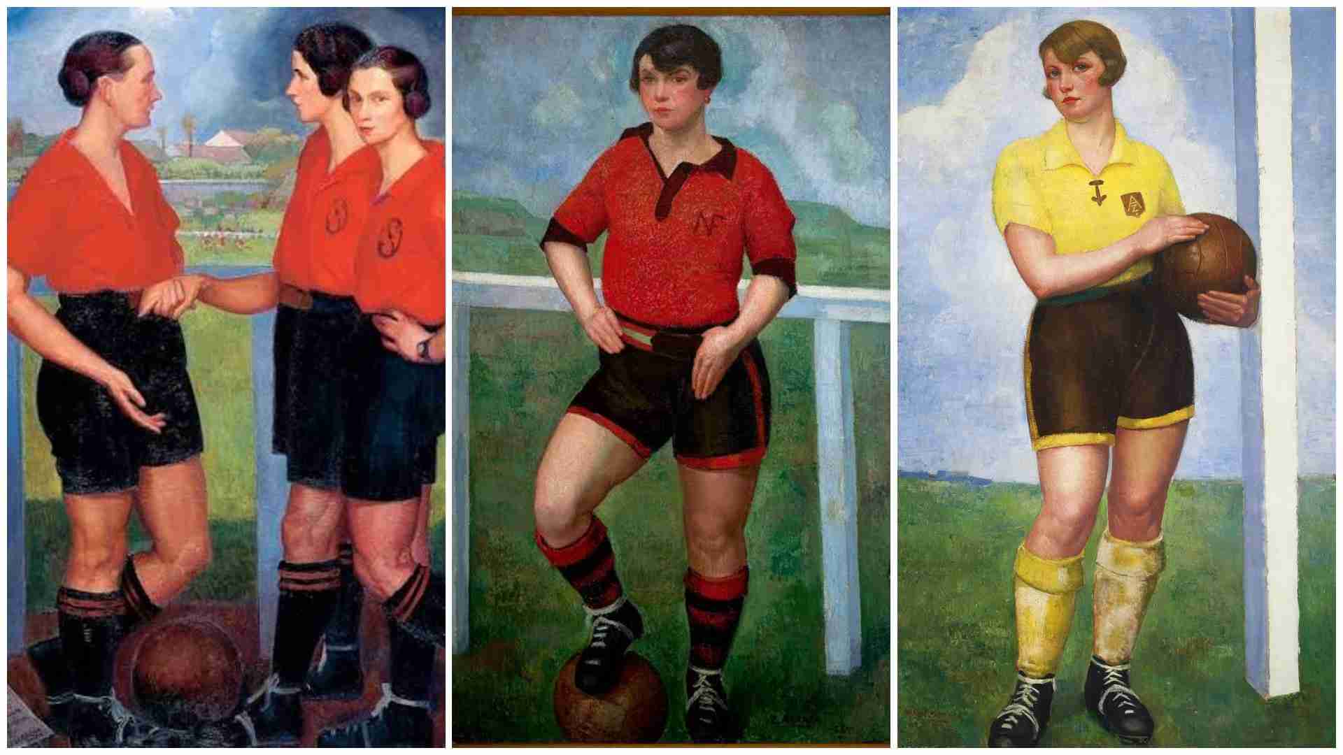 Tres obras de Ángel Zárraga, pintor mexicano en París. Véase la musculatura acentuada de las futbolistas y el peinado a lo garçonne. Años 20.