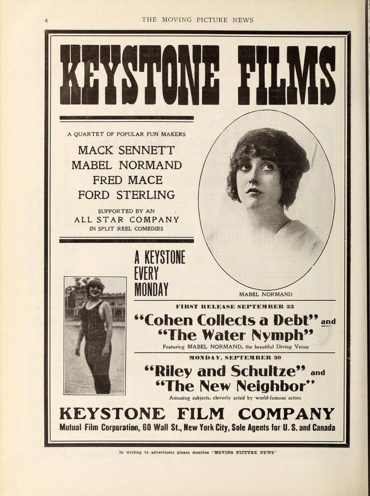 Cartel anunciador de la Keystone Films. Mack Sennett. The Moving Picture World. Mabel Normand en la serie de comedias. Bathing Beauties. 