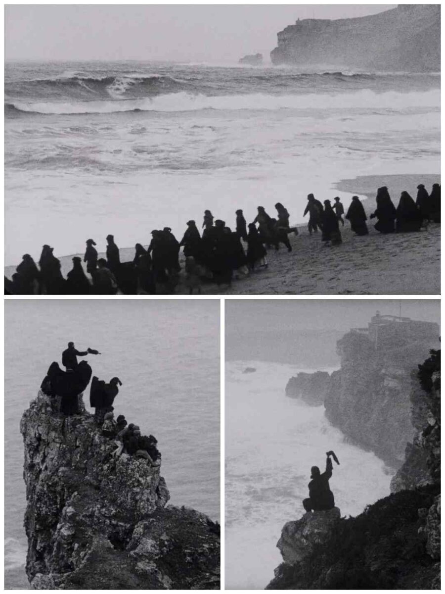 Planos de los acantilados y playa de Nazaré con la gente viendo el naufragio del barco. Maria do Mar (1930). José Leitão de Barros. estrellamillansanjuan.es