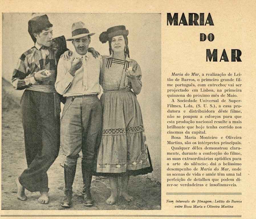 Foto del rodaje de los intérpretes protagonistas, Rosa Maria Monteiro y Oliveira Martins, junto a José Leitão de Barros. Maria do Mar (1930).