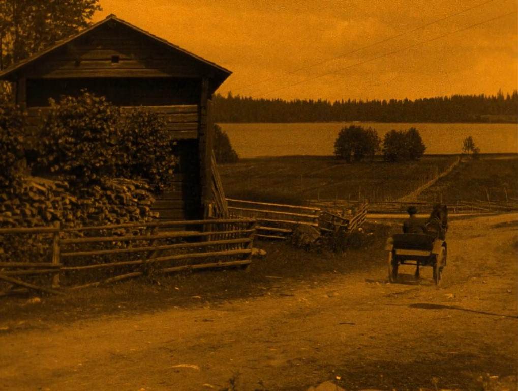 ANNA-LIISA (1922) de Teuvo Puro y Jussi Snellman 5 Carro y caballo con lago y bosque. ANNA-LIISA (1922). Teuvo Puro y Jussi Snellman. Cine mudo finlandés. estrellamillansanjuan.es