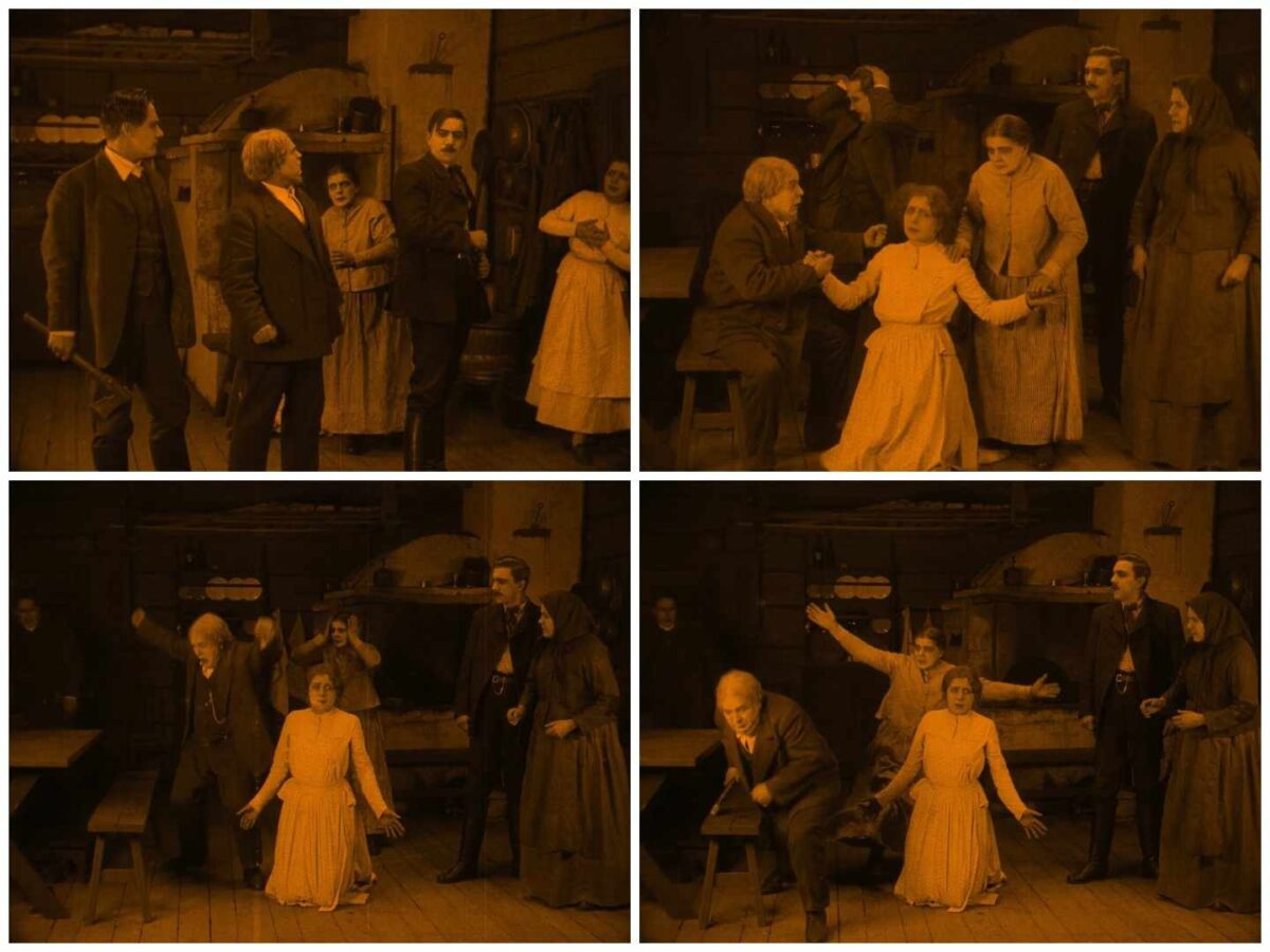 Collage de la composición grupal variada en la escena de la presión para que consiese su delito Anna-Liisa.