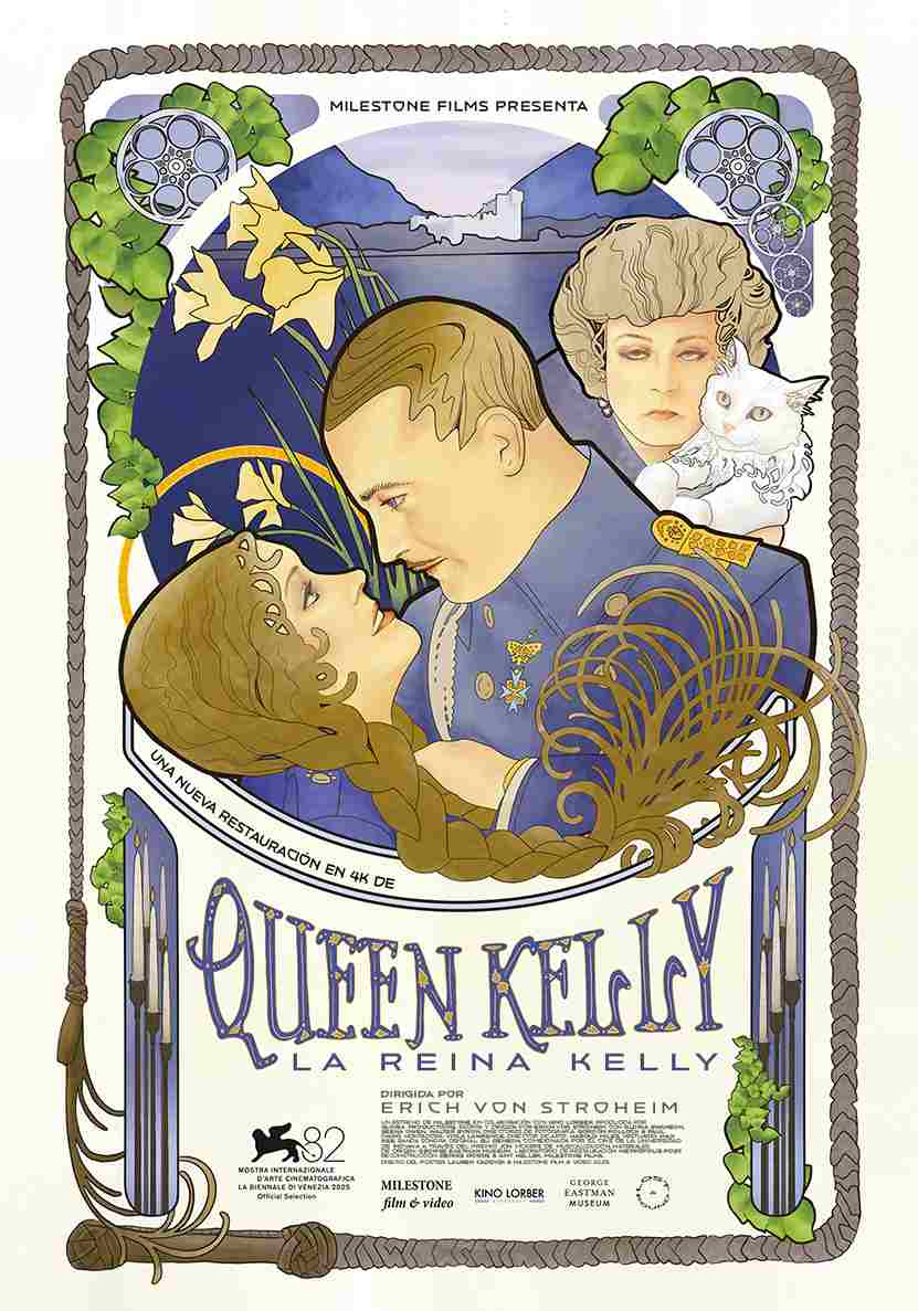 Cartel de la restauración de 2025 en 4K de La reina Kelly (Queen Kelly) de Erich von Stroheim, estrellamillansanjuan.es